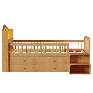 English Elm Low Twin Loft Bed with House-Style Headboard and Built-In LED Lights for Modern Kids' Rooms Natural 42.91 L x 28.35 W x 6.69 H W2593S00007