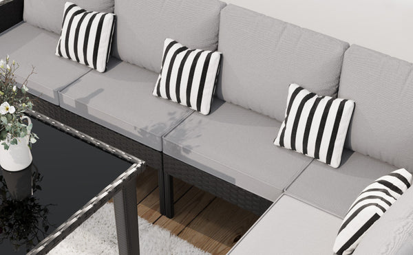 English Elm Small Patio Pe Rattan 7 Piece Outdoor Set with Tempered Glass Table and Cushioned Seating W2071P365907