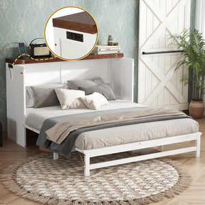 English Elm Murphy Cabinet Queen Bed Solid Pine Frame with Built-in Charging Station for Guest Rooms White+Walnut W504S00193