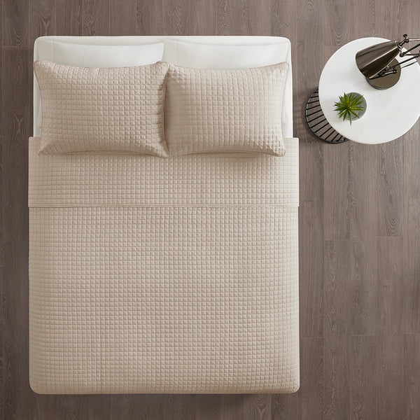 JLA Home 510 Design - 3 Reversible Quilted Microfiber Set for Year-Round Comfort, Soft Checkered Texture, Easy-Care Machine Washable Khaki 5DS13-0033