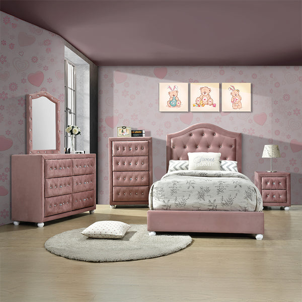 English Elm Pink 2-Drawer Nightstand with Crystal Pulls, Padded Legs & Smooth Metal Glides for Elegant Storage Amenities B062P209014