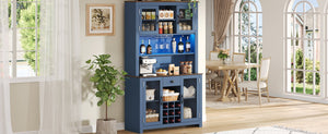 English Elm 70.9" Farmhouse Hutch Pantry with Led Lighting Wine Rack Mesh Doors and Built-in Power Navy Blue CH361426AAL