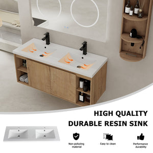 English Elm 48" Wall-Mounted Bathroom Vanity With Double Sink, Storage Rack & Soft Close Doors For Modern Spaces W999S00347