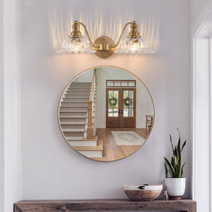 English Elm 20 Inch 2-Light Vintage Bathroom Wall Sconce with Iron and Glass Shades – Elegant Vanity Lighting for Mirror and Hallway Gold W2312P374843