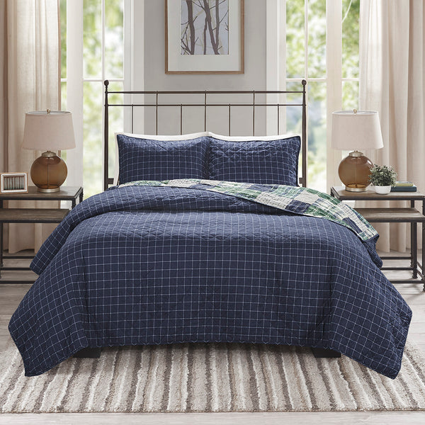 JLA Home Madison Park - 3 Timber Reversible Quilt Set — Rustic Green & Navy Patchwork to Windowpane, Cotton-Rich, Machine Washable 90 L x 90 W x 0.25H MP13-7524