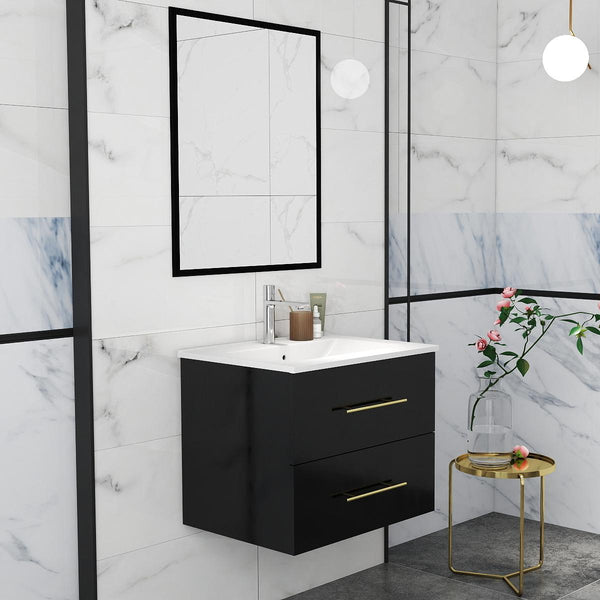 English Elm 24-Inch Modern Wall-Mounted Bathroom Vanity With Sink & Mirror, Elegant Gold Handles, 2 Drawers W3151S00037