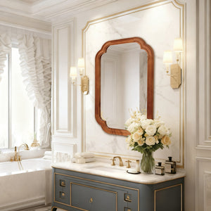 English Elm Yellowish Solid Wood 20"x30" Rounded Corner Decorative Mirror with Rustic Grain, Tempered Glass Finish W2203P389107