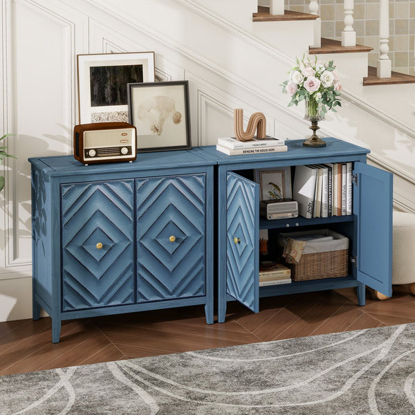 English Elm Geometric Diamond Embossed Sideboard Cabinet Matte Vintage Mdf Entryway Storage Blue W688P364739