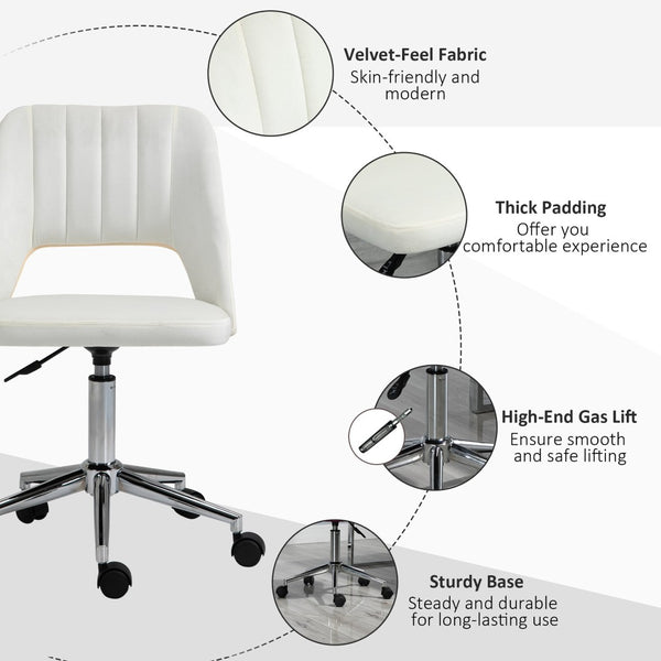 English Elm Vinsetto Velvet Armless Swivel Office Chair - Modern Mid Back Design, Adjustable Height, Cream White W2225P217489-GIGA