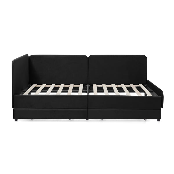 English Elm Twin Velvet Upholstered Platform Bed with 2 Underbed Drawers, Adjustable Sofa Bed, Modern Black Design W1413P298910