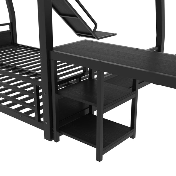 English Elm L-shaped Metal Triple Bunk Bed with Slide Desk Shelves Sleep Study Play Zone W1580S00280
