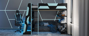 English Elm Full Size Gaming Loft Bed with Led Lighting Desk Shelves and Usb Charging Ports Black+Blue N820S00076C