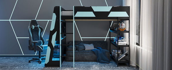 English Elm Full Size Gaming Loft Bed with Led Lighting Desk Shelves and Usb Charging Ports Black+Blue N820S00076C