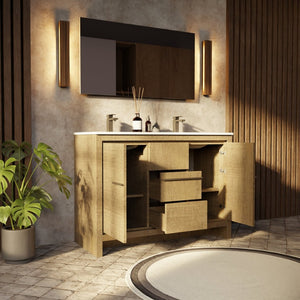 English Elm Rustic Acacia Double Bath Vanity 48" W With White Quartz Top & Gun Metal Faucet - Stylish Storage! B2731P259203-GIGA
