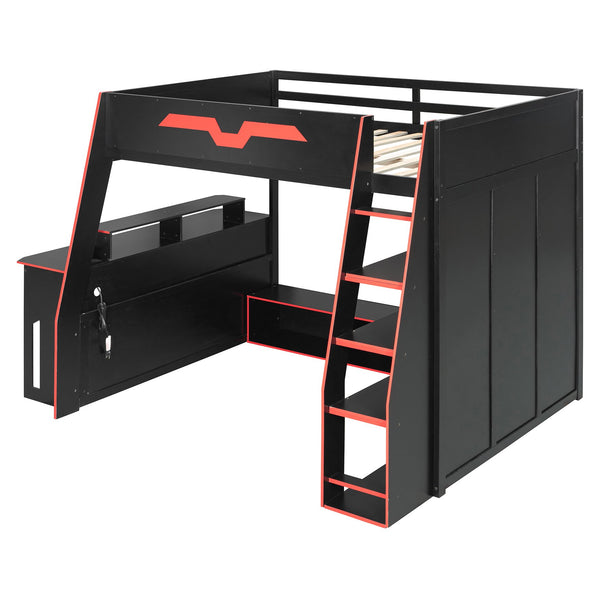 English Elm Full Size Wood Loft Bed with Rgb Lighting Desk and Multi-tier Shelves for Gaming Red LT000374AAR