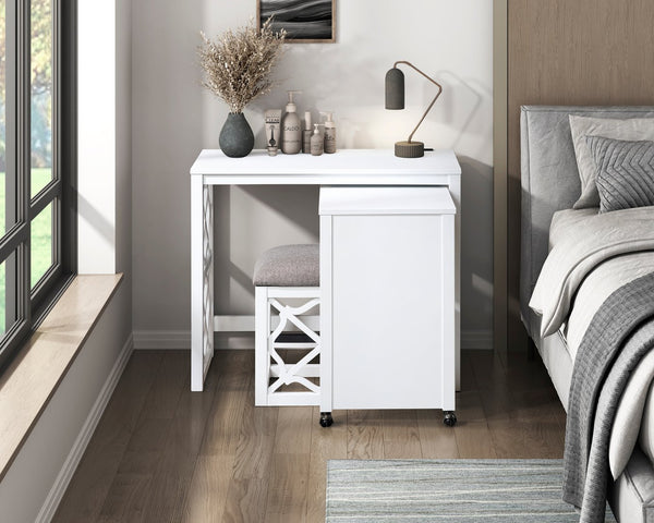 English Elm Desks 3-Piece Set with Rolling Small Desk, Upholstered Stool & Large Stationary Desk for Compact Workspaces White 38.5 L x 21.5 W x 17.5 H B011P287469