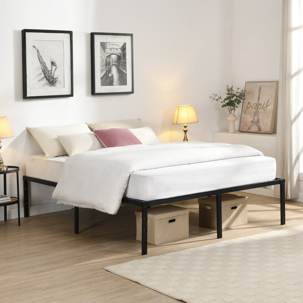 English Elm Queen Platform Bed Frame Heavy Duty Steel Slats Matte Black Modern Bedroom Base W311P359220