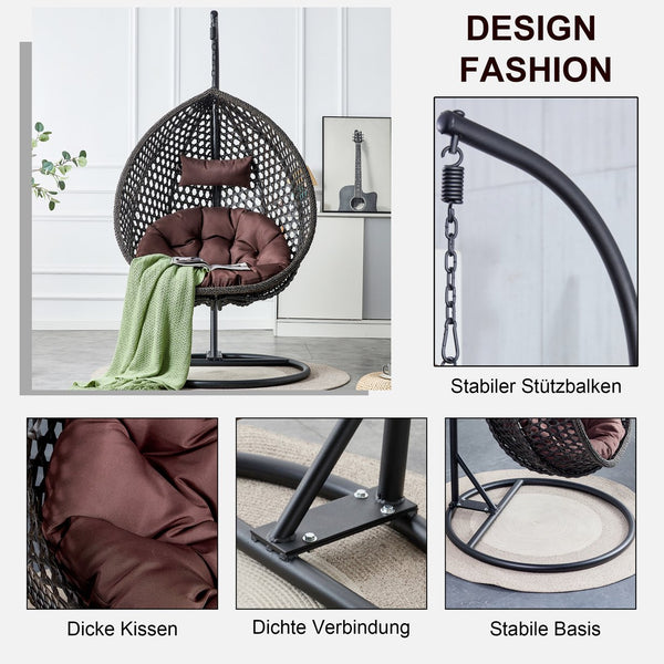 English Elm 76.8-inch Hand Woven Rattan Egg Swing Chair Indoor Outdoor with Cushion Lumbar Pillow Black W1512P498596