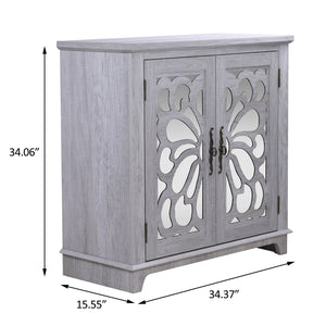 English Elm Elegant Mirrored Sideboard with Butterfly Carved Doors Wood Grain Finish Dining Storage Light Gray W2899P372740