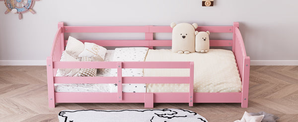 English Elm Twin Montessori Floor Bed Solid Pine Frame with Safety Guardrails for Kids Bedroom Pink N733P400298H