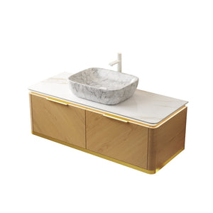 English Elm 48" Sintered Stone Countertop Vanity Base Brown Oak Cabinet Brushed Gold Handles W2615P330753