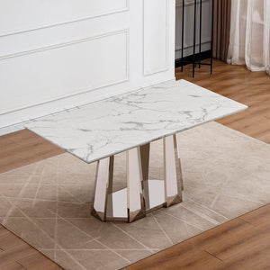 English Elm Marble Dining Table For 6 – Modern Rectangular Faux Marble Top With Sleek Stainless Steel Base W3456S00014