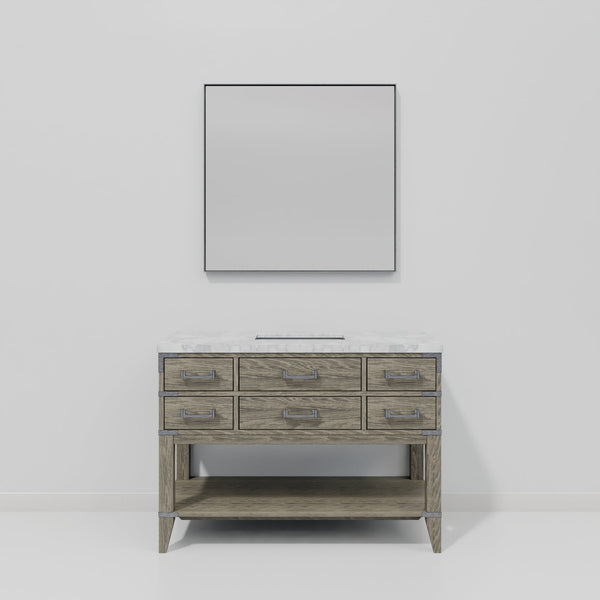 English Elm Grey Oak Single Bath Vanity 48 in W x 22 in D with Polished Carrara Marble Top, Soft-Close Drawers & 46 in Mirror B2731S01528