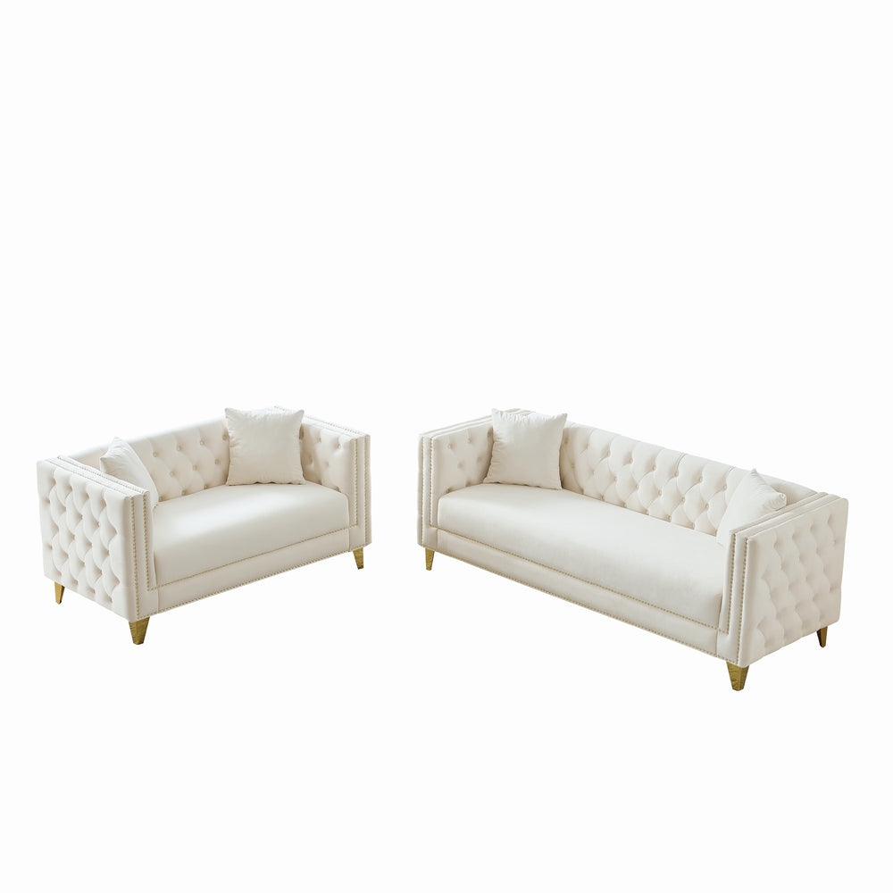 English Elm Chesterfield Velvet Sofa Set - Elegant 3+2 Seater With Button Tufting & Square Arms For Comfort W3373S00030