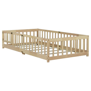 English Elm Twin Low Profile Rubberwood Floor Bed with Full Safety Fence for Toddler Rooms Natural W504P429273