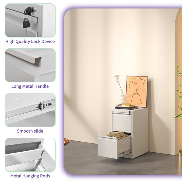 English Elm 2 Drawer Metal File Cabinet with Lock — Durable Steel Vertical Filing Unit, Anti-Tilt, Smooth Drawers, Adjustable Rails White T2398P154416