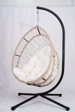 English Elm Outdoor Egg-shaped Hanging Chair with Stand — Beige Gray+White HDPE Cushions, 350lb Sturdy Frame W2500P290032