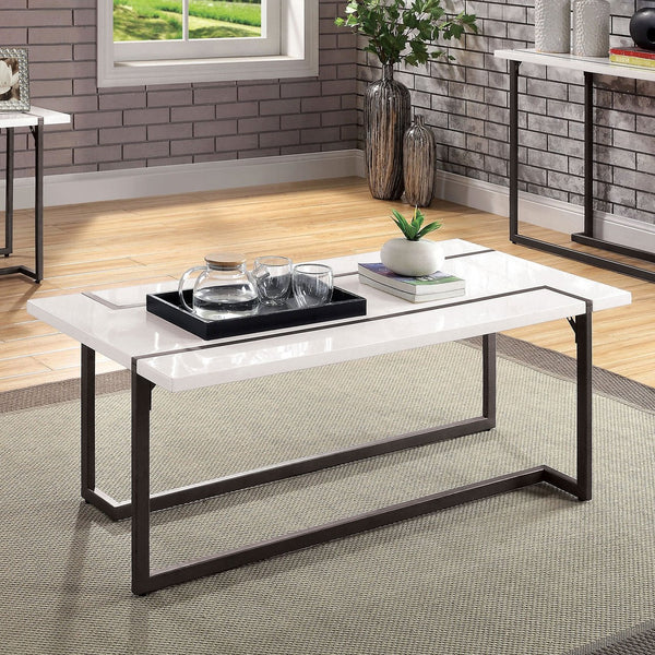 English Elm Modern Contemporary Sofa Table with High Gloss Lacquer Top and Sleek Metal Frame for Entryway Decor Gunmetal,White 51 L x 28 W x 4 H B2741S00474