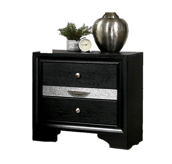 English Elm Contemporary Nightstand with Silver Accents, Solid Wood Veneer, English Dovetail Drawer, Sleek Shine Black 30 L x 20 W x 30 H B2741P375932