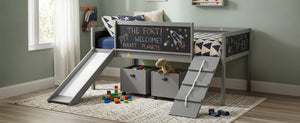 English Elm Twin Kids Loft Bed Solid Pine Frame with Slide Chalkboard and Climbing Rope Play Zone Gray N708P340493E