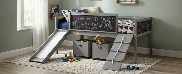 English Elm Twin Kids Loft Bed Solid Pine Frame with Slide Chalkboard and Climbing Rope Play Zone Gray N708P340493E