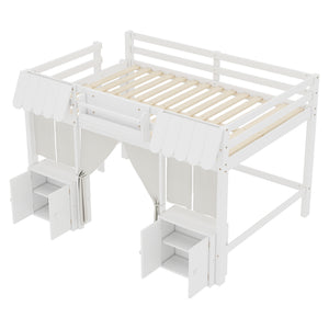 English Elm Full Loft Bed With Bookshelf & Storage - Amusement Park Design, Safety Guardrails, Cozy White Finish W1580S00358