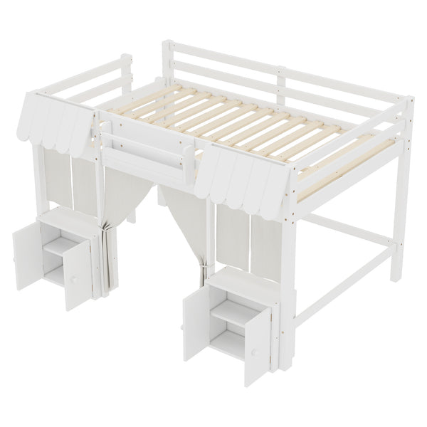 English Elm Full Loft Bed With Bookshelf & Storage - Amusement Park Design, Safety Guardrails, Cozy White Finish W1580S00358