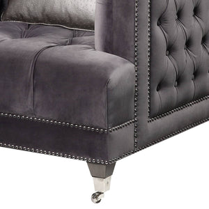 English Elm Hegio Gray Velvet Accent Chair with Pillow, Chesterfield Tufted Back, Nailhead Trim & Caster Legs B2726P284222