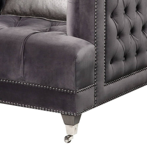 English Elm Hegio Gray Velvet Accent Chair with Pillow, Chesterfield Tufted Back, Nailhead Trim & Caster Legs B2726P284222