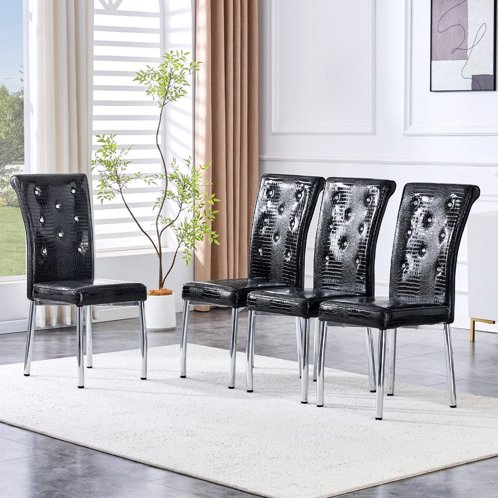 English Elm Set of 4 Glam Faux Leather Dining Chairs with Crystal Buckle and Gold Tone Legs Black W3226P311056