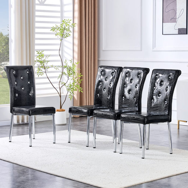 English Elm Set of 4 Glam Faux Leather Dining Chairs with Crystal Buckle and Gold Tone Legs Black W3226P311056