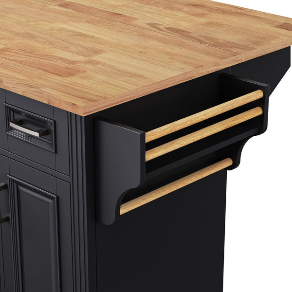 English Elm K&K 54" Farmhouse Kitchen Island with Embossed Texture, Drop Leaf, Soft-Close Drawers & Wheels Black N707P195395B