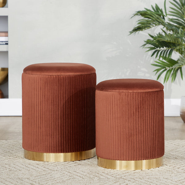 English Elm Nesting Pleated Velvet Ottoman Pair with Polished Gold Base Glam Living Room Accent B202P471509