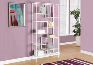 English Elm Bookshelf, 72" Tall Grey Metal Frame with 9 Clear Tempered Glass Shelves for Modern Living Spaces White 40 L x 14 W x 8 H B2710P219627