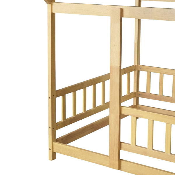 English Elm Twin Size House Floor Bed With Roof Frame & Safety Guardrails - Cozy & Imaginative Playtime Haven W504P286404-GIGA