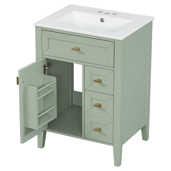 English Elm "24'' 24 Inch Glossy Freestanding Bathroom Vanity with Gold Hardware and Soft Close Storage Green Rubberwood N725P448529F