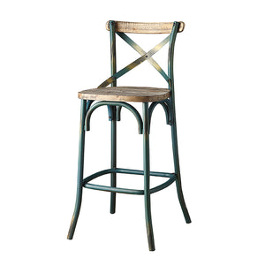 English Elm Antique Turquoise and Antique Oak Bar Stool With Cross Back