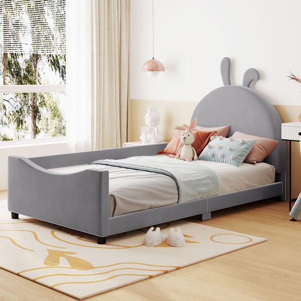English Elm Twin Velvet Daybed with Sculptural Rabbit Ear Headboard for Kids or Guest Rooms Gray N737P380205E