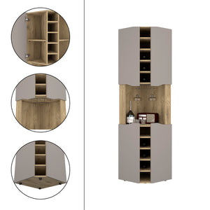 English Elm Corner Bar Cabinet with Ten Built-In Wine Slots, Cup Rack & Spacious Top Shelf for Entertaining Multicolor 48 L x 21 W x 3 H B097S00131