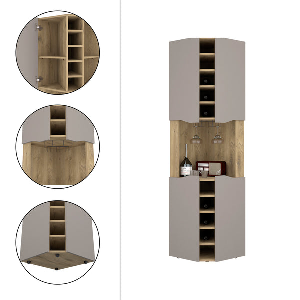 English Elm Corner Bar Cabinet with Ten Built-In Wine Slots, Cup Rack & Spacious Top Shelf for Entertaining Multicolor 48 L x 21 W x 3 H B097S00131